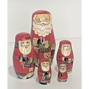 Wooden Christmas Santa Claus Set 5 Nesting Dolls Russian Style Hand Painted Vtg